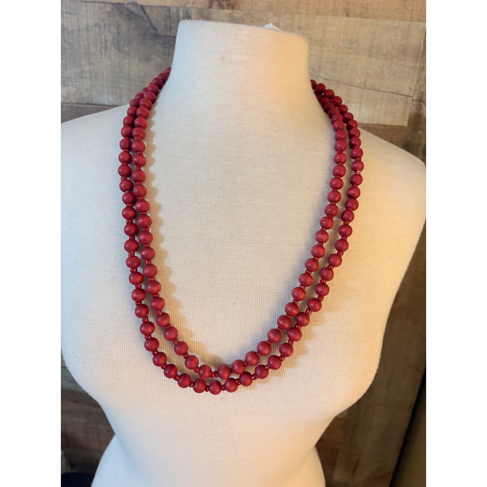 Red Wood Bead Long Necklace Matte Round Layering Boho Earthy